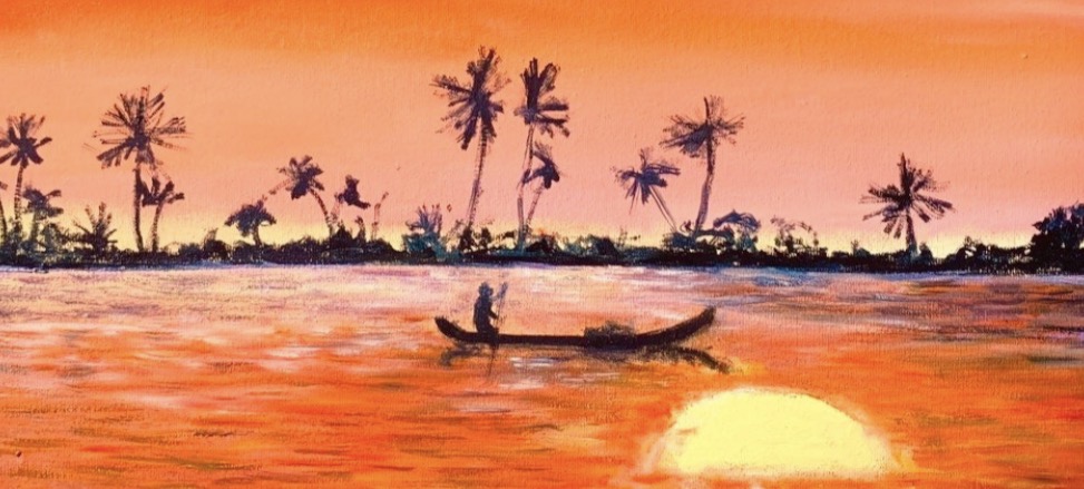 Detail of Sunset in India painting by Marina Stognieva, boat on water and glowing evening sunlight